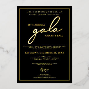 Invitación Con Relieve Metalizado Evento de Gala de Caridad Elegante Negro y Oro