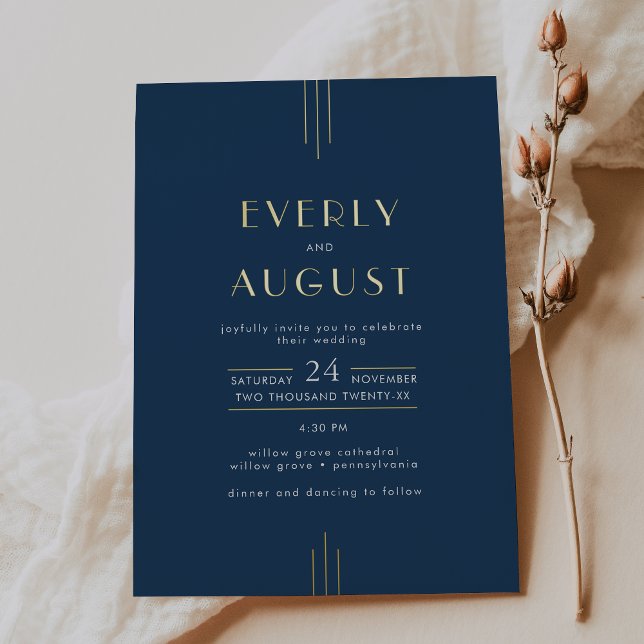 Invitación Con Relieve Metalizado EVERLY Art Deco Navy Blue and Gold Foil Wedding (EVERLY Art Deco Navy Blue and Gold Foil Wedding Foil Invitation)
