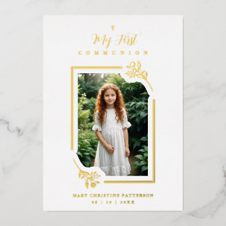 Invitación Con Relieve Metalizado Exquisite Gold Botanical Frame First Communion