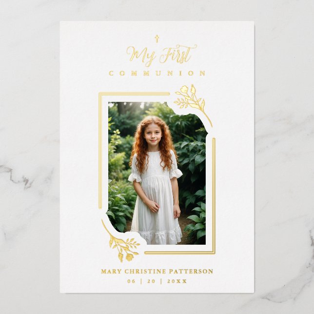 Invitación Con Relieve Metalizado Exquisite Gold Botanical Frame First Communion (Anverso)