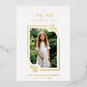 Invitación Con Relieve Metalizado Exquisite Gold Botanical Frame First Communion