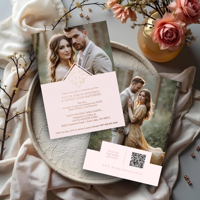 Invitación Con Relieve Metalizado Exquisite Minimal Wedding Botanical Monogram (Exquisite Minimalist Wedding Design Botanical Monogram and Initials Metallic Foil Rose Gold)
