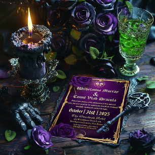 Invitación Con Relieve Metalizado Exquisito cráneo y huesos góticos de color morado 