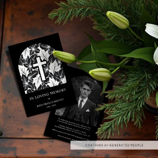 Invitación Con Relieve Metalizado Exquisito Minimalista Funeral Botánico Blanco y Ne