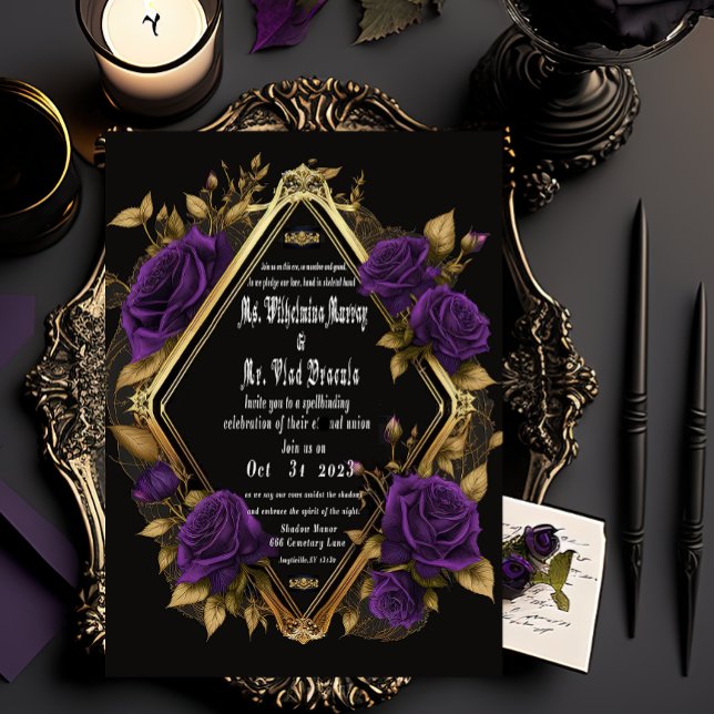 Invitación Con Relieve Metalizado Exquisito Moody Purple & Gold Gothic Boda (Subido por el creador)