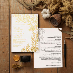 Invitación Con Relieve Metalizado Exuberante Vegetación Dorada Informal Boda 2 en 1