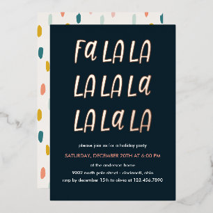 Invitación Con Relieve Metalizado Fa la la Fiesta de Navidad ROSE GOLD
