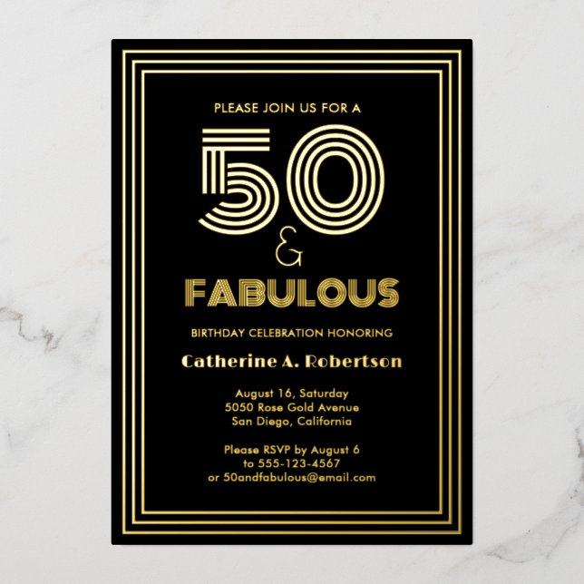 Invitación Con Relieve Metalizado Fabuloso Retro Art Deco 50 cumpleaños Lujo (Anverso)