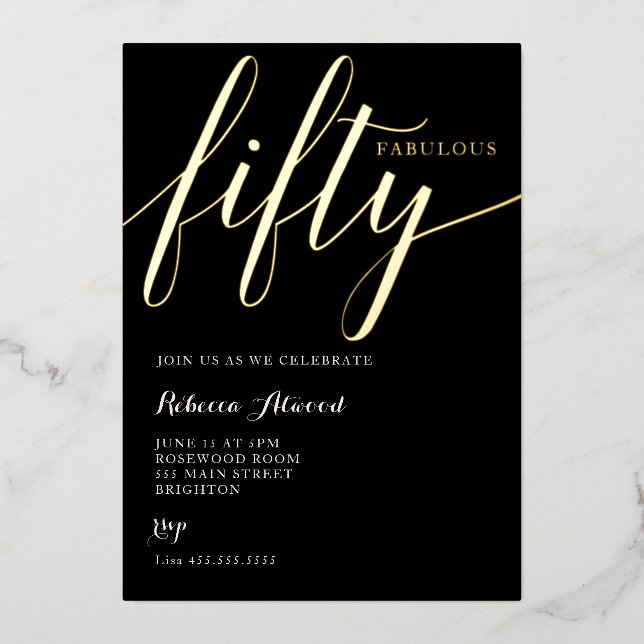 Invitación Con Relieve Metalizado Fabulous Fifty BIrthday (Anverso)