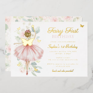 Invitación Con Relieve Metalizado Fairy de oro First Birthday Butterfly