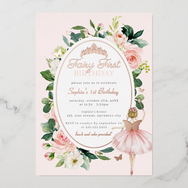 Invitación Con Relieve Metalizado Fairy First First Birthday Rosa Gold (Anverso)