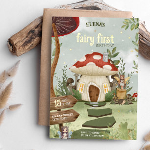 Invitación Con Relieve Metalizado Fairy First Whimsical Forest Mushroom 1º cumpleaño