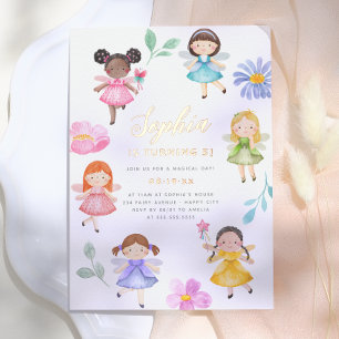 Invitación Con Relieve Metalizado Fairy Garden Watercolor Floral Chica Fiesta de cum