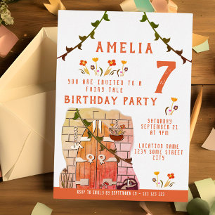 Invitación Con Relieve Metalizado Fairy Tale Door Chica Birday Party Gold