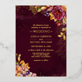 Invitación Con Relieve Metalizado Fall Foliage Colorful Floral Burgundy Gold Boda