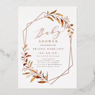 Invitación Con Relieve Metalizado Fall Greenery Geometric Rustic Baby Shower
