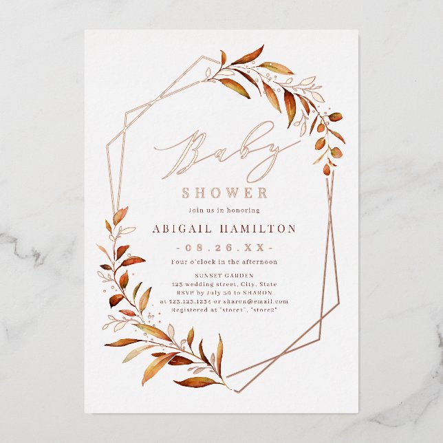 Invitación Con Relieve Metalizado Fall Greenery Geometric Rustic Baby Shower (Anverso)