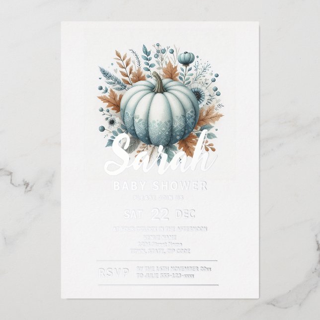 Invitación Con Relieve Metalizado Fall Pumpkin Baby Shower (Anverso)