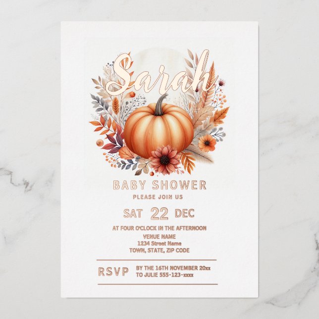 Invitación Con Relieve Metalizado Fall Pumpkin Baby Shower (Anverso)