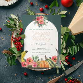 Invitación Con Relieve Metalizado Fall Pumpkins Pink Floral Gold Party