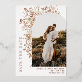 Invitación Con Relieve Metalizado Fall Wildflowers Arch Photo Wedding Save the Date