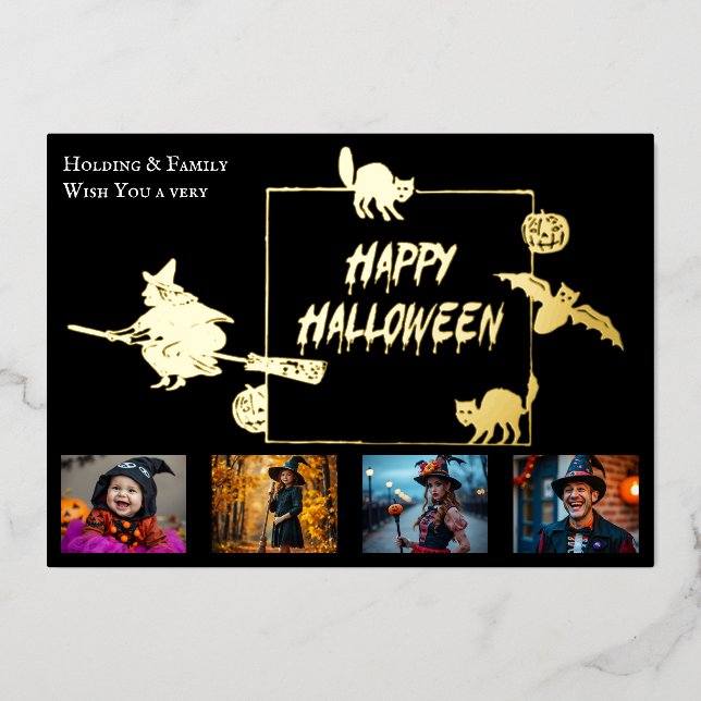 Invitación Con Relieve Metalizado Familia Halloween Cuatro Collages de fotos (Anverso)