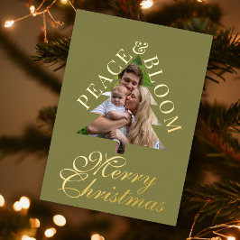 Invitación Con Relieve Metalizado Family photo pine tree gold script green real