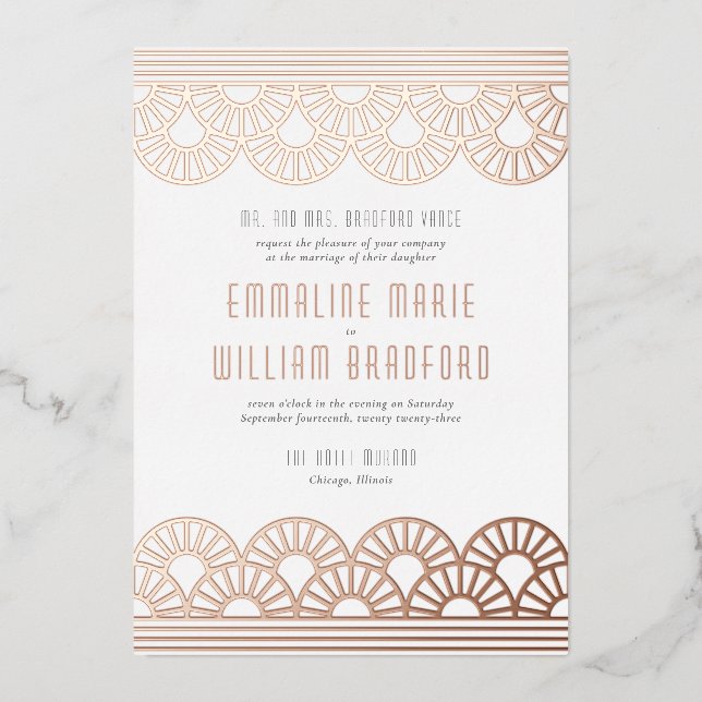 Invitación Con Relieve Metalizado Fan Boda Art Decó Oro rosa Blanco (Anverso)