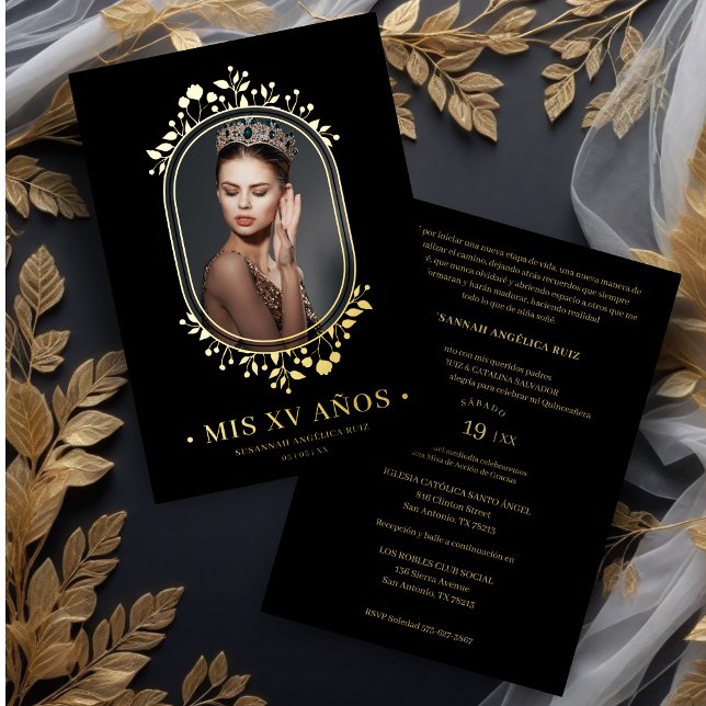 Invitación Con Relieve Metalizado Fancy Botanical Oval Frame Español Quinceañera (Fancy Botanical Oval Frame Spanish Quinceañera Golden Effect Real Metallic Foil Invitation Card.)