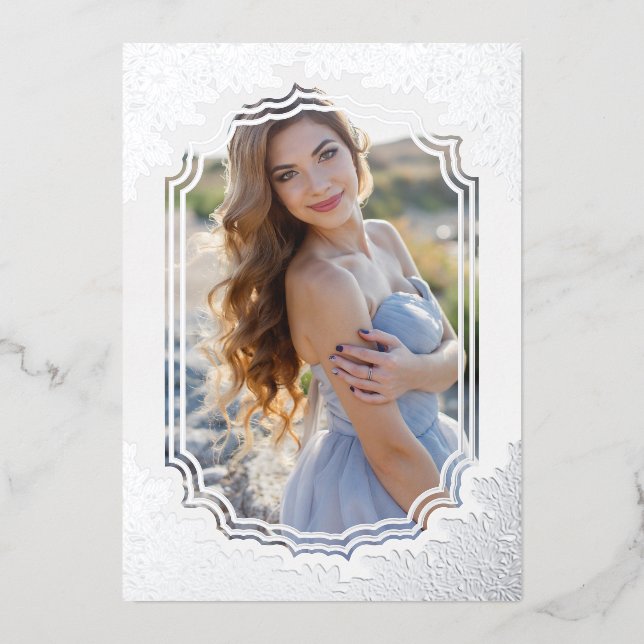 Invitación Con Relieve Metalizado Fancy Floral Frame Español Mis XV Años Foto (Anverso)