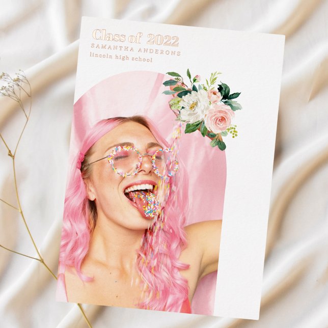 Invitación Con Relieve Metalizado Fancy Flower Photo Arch Graduate Rosa Gold (Subido por el creador)