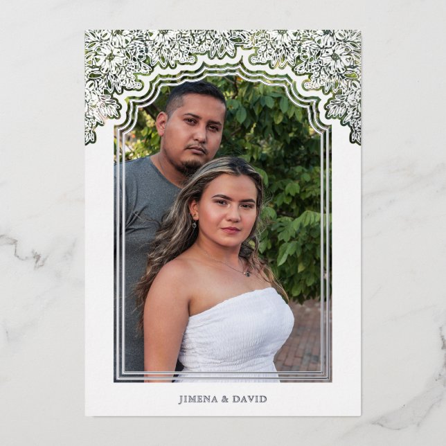 Invitación Con Relieve Metalizado Fancy Frame Photo Wedding Flowers & Branches (Anverso)