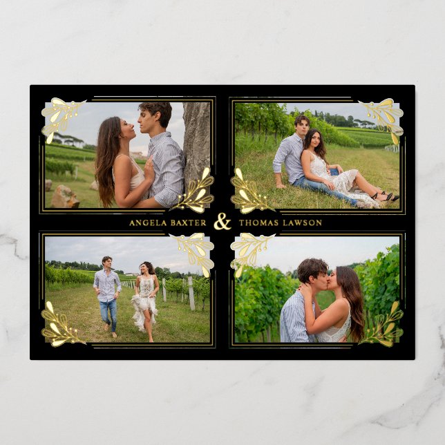 Invitación Con Relieve Metalizado Fancy Golden Minimalist Branches Frame 4 Photos (Anverso)