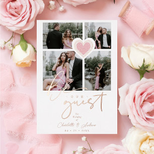 Invitación Con Relieve Metalizado Fancy Lace Pink Heart 4 Multi Photos Collage