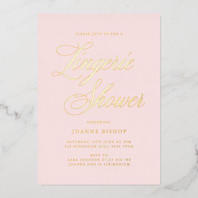Invitación Con Relieve Metalizado Fancy Lingerie Bridal Shower Rubor & Gold (Anverso)
