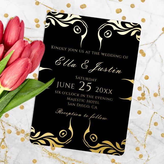 Invitación Con Relieve Metalizado Fancy Moda Faux Gold Border On Black Boda (Subido por el creador)