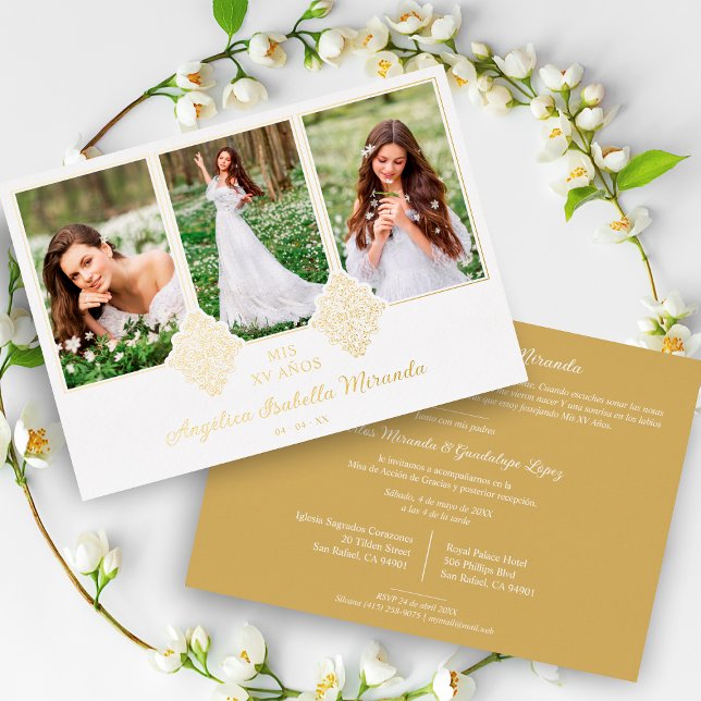 Invitación Con Relieve Metalizado Fancy Romantic XV Spanish 3 Photos Golden Lace (Subido por el creador)
