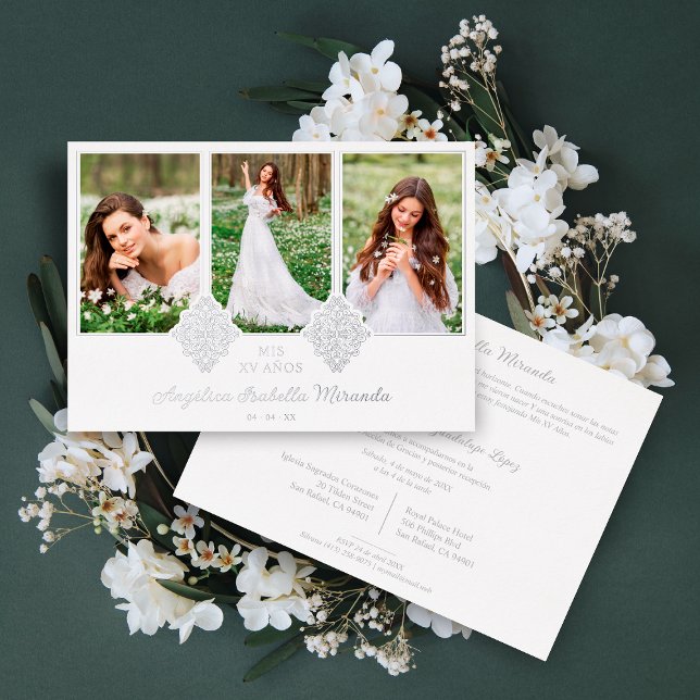Invitación Con Relieve Metalizado Fancy Romantic XV Spanish 3 Photos Silver Lace (Subido por el creador)