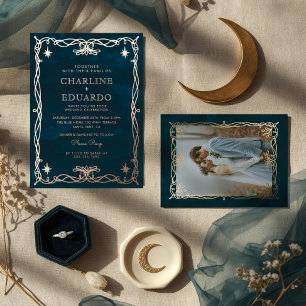 Invitación Con Relieve Metalizado Fantasía celestial dorada Boda Ivy