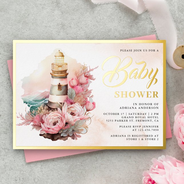 Invitación Con Relieve Metalizado Faro Floral Boho Baby Shower Gold Nautical (Subido por el creador)