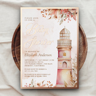 Invitación Con Relieve Metalizado Faro floral boho rosa dorado rosa para baby shower
