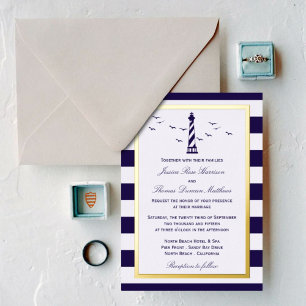Invitación Con Relieve Metalizado Faro Náutico Raya de la Marina Boda Real