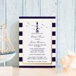 Invitación Con Relieve Metalizado Faro Náutico Rayas de la Marina Despedida de Solte