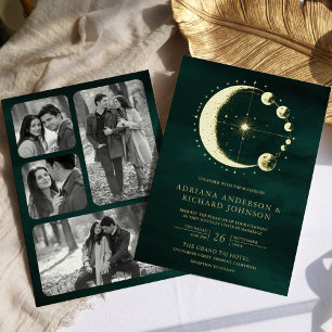 Invitación Con Relieve Metalizado Fase de Luna Creciente Celestial Esmeralda Bodas d