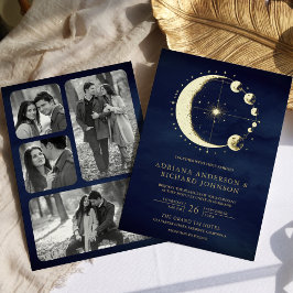 Invitación Con Relieve Metalizado Fases celestes de luna de luna azul Boda oro