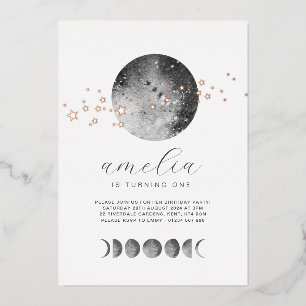 Invitación Con Relieve Metalizado Fases Lunares Estrellas Doradas Cumpleaños Rosa Do