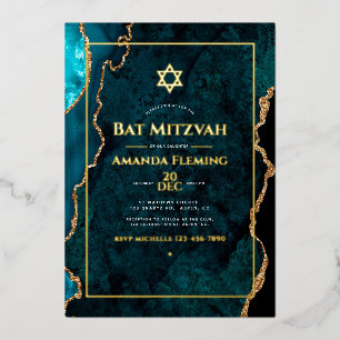 Invitación Con Relieve Metalizado Faux Agate verde azulado y oro Bat Mitzvah