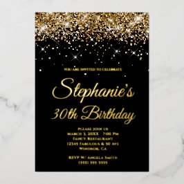 Invitación Con Relieve Metalizado Faux Sparkly Gold Purpurina Black 30th Birthday