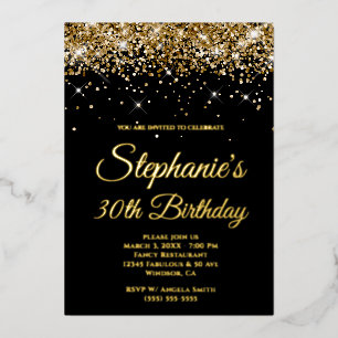 Invitación Con Relieve Metalizado Faux Sparkly Gold Purpurina Black 30th Birthday