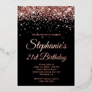 Invitación Con Relieve Metalizado Faux Sparkly Rosa Purpurina de oro negro 21 cumple
